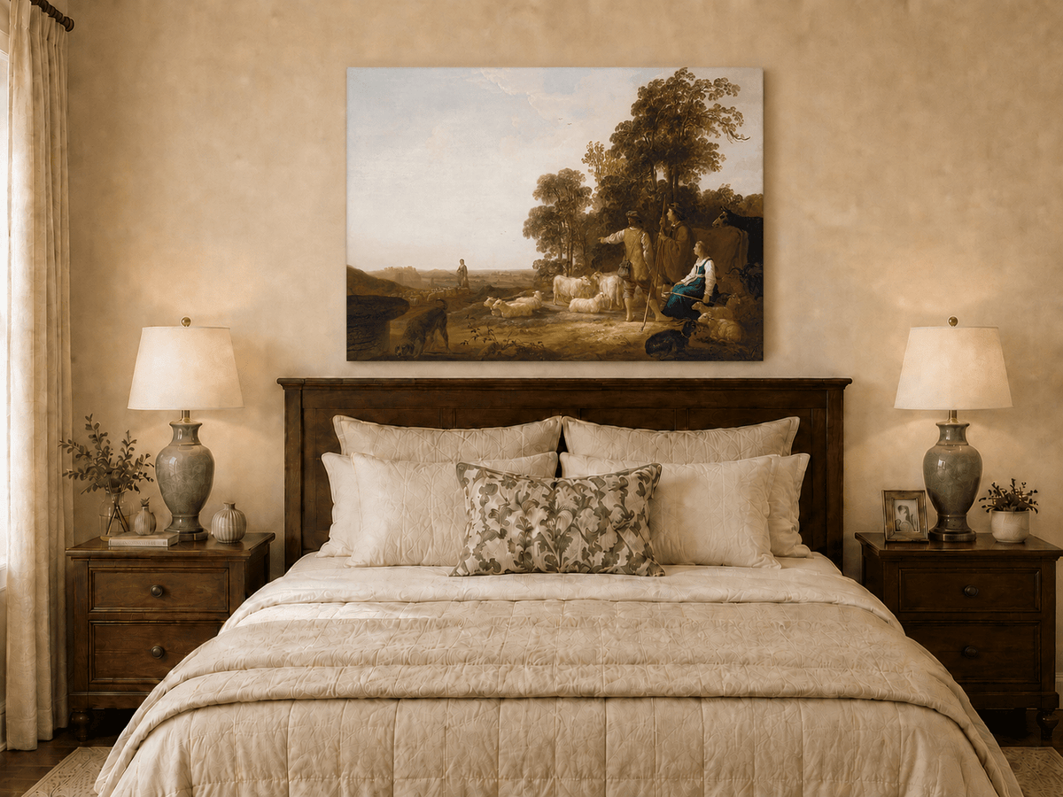 Peinture à l'huile de paysage - Homme à dos d'âne, femme, chien et champ rural