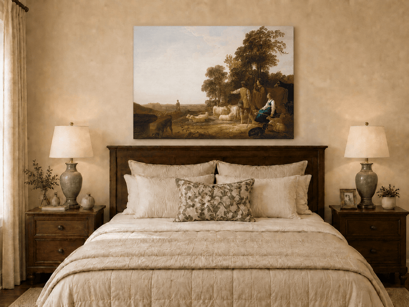 Peinture à l'huile de paysage - Homme à dos d'âne, femme, chien et champ rural