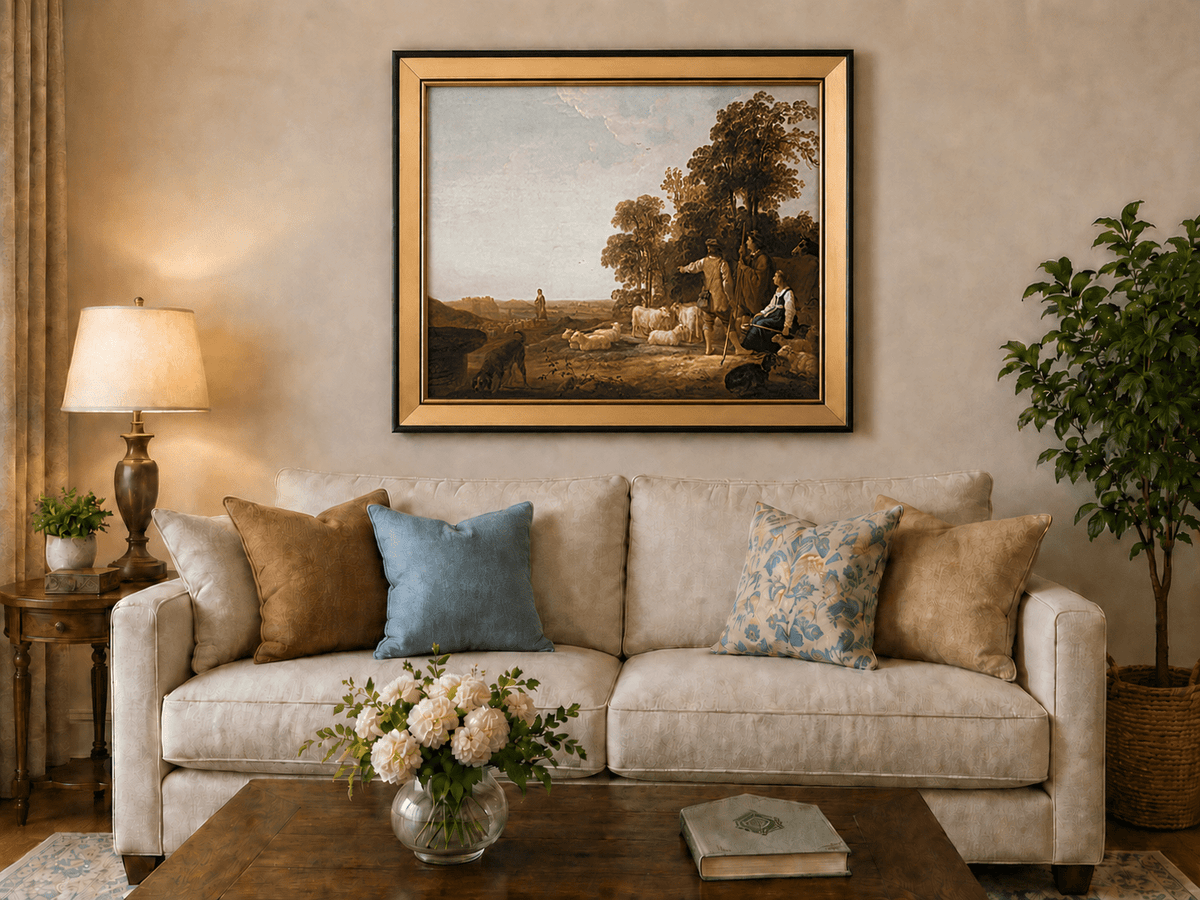 Peinture à l'huile de paysage - Homme à dos d'âne, femme, chien et champ rural