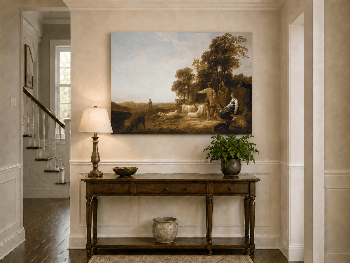 Peinture à l'huile de paysage - Homme à dos d'âne, femme, chien et champ rural