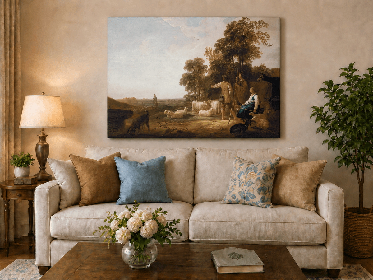 Peinture à l'huile de paysage - Homme à dos d'âne, femme, chien et champ rural