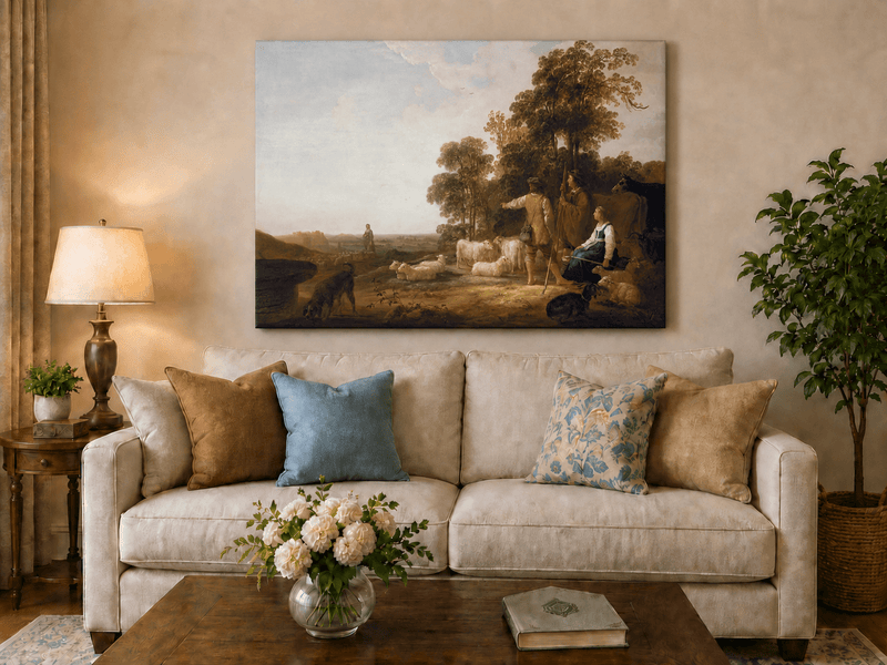 Peinture à l'huile de paysage - Homme à dos d'âne, femme, chien et champ rural