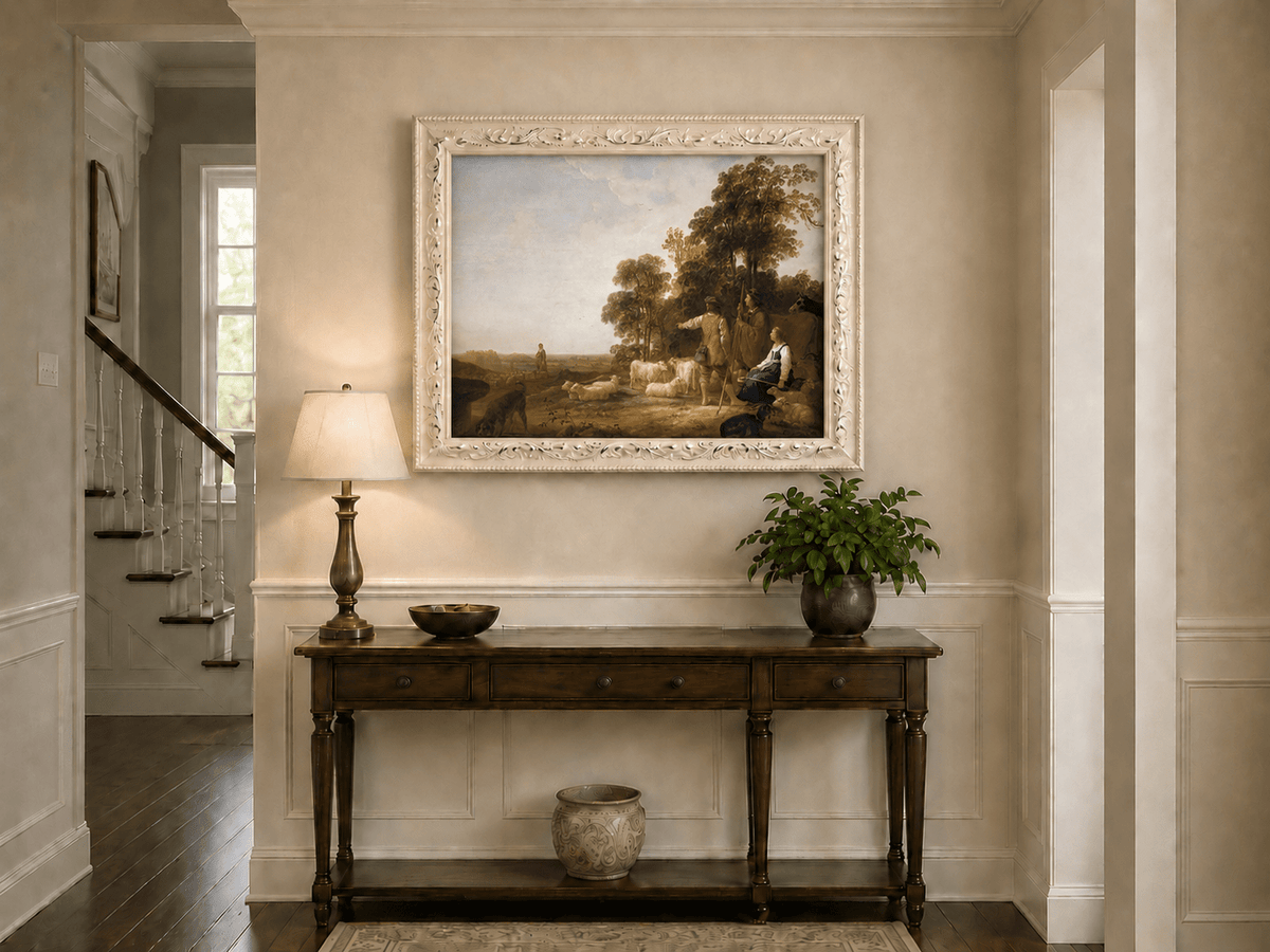 Peinture à l'huile de paysage - Homme à dos d'âne, femme, chien et champ rural