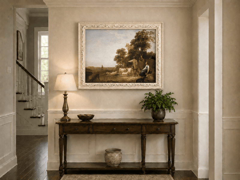 Peinture à l'huile de paysage - Homme à dos d'âne, femme, chien et champ rural