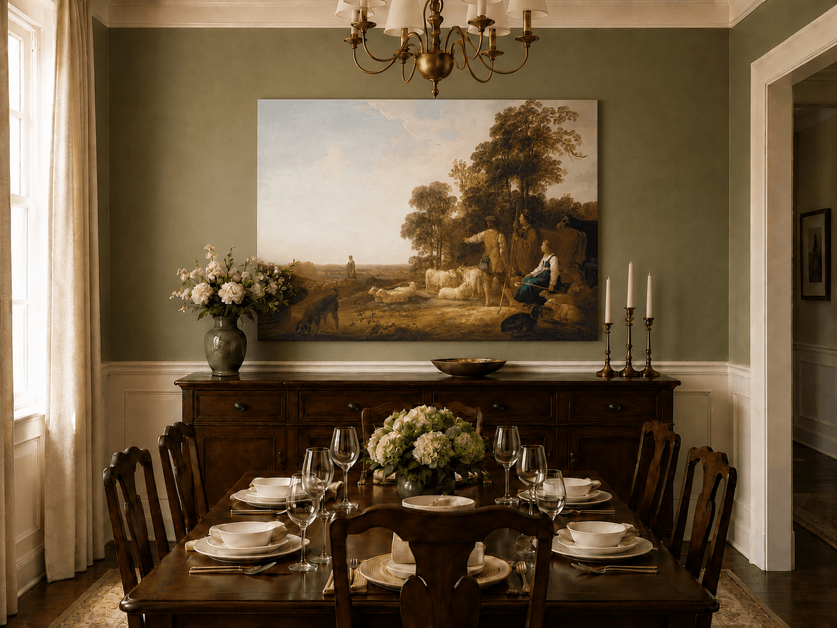Peinture à l'huile de paysage - Homme à dos d'âne, femme, chien et champ rural