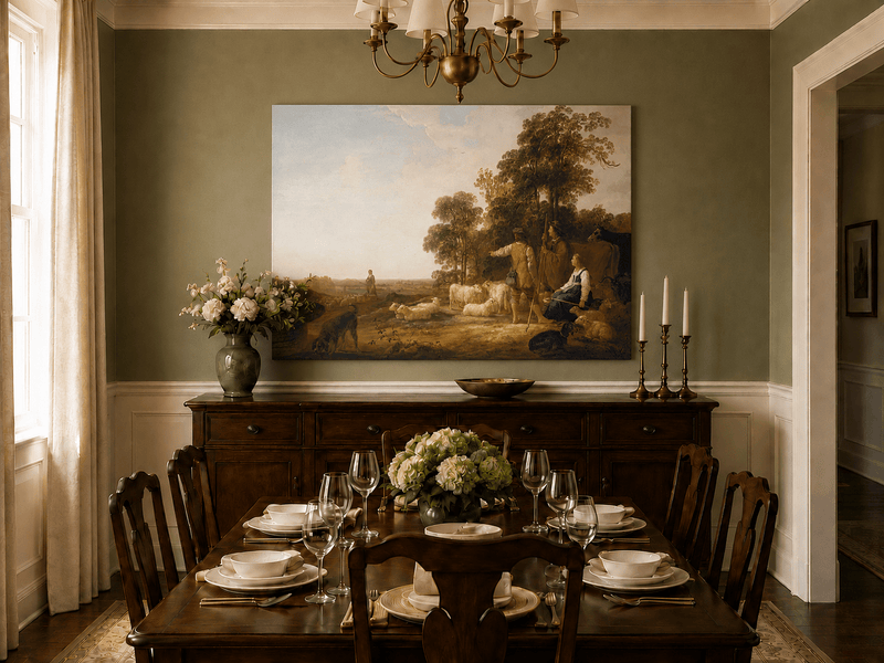 Peinture à l'huile de paysage - Homme à dos d'âne, femme, chien et champ rural