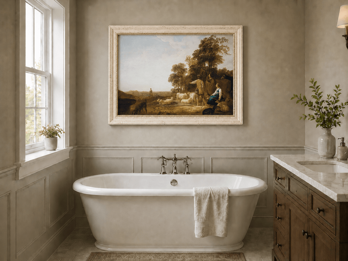 Peinture à l'huile de paysage - Homme à dos d'âne, femme, chien et champ rural