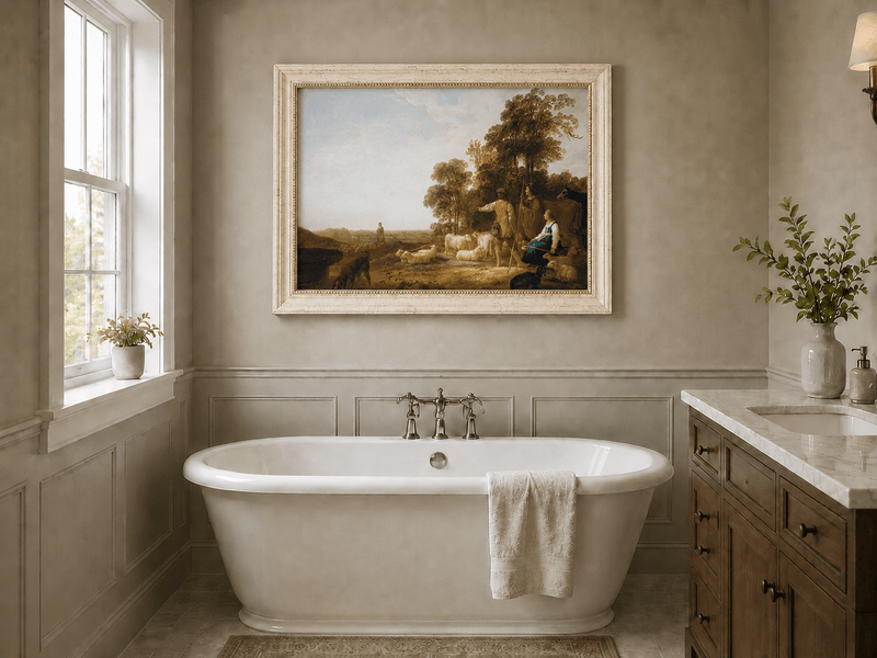Peinture à l'huile de paysage - Homme à dos d'âne, femme, chien et champ rural