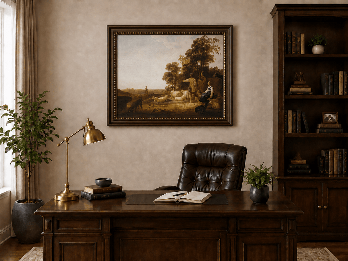 Peinture à l'huile de paysage - Homme à dos d'âne, femme, chien et champ rural