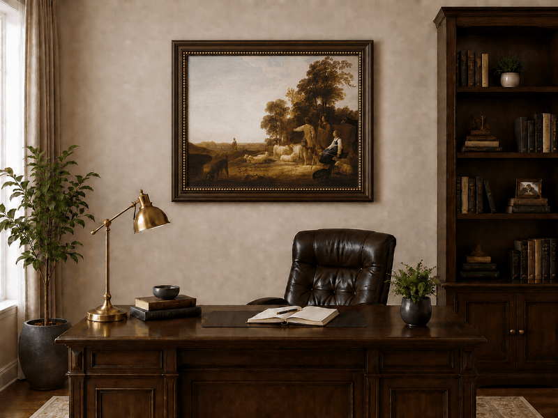 Peinture à l'huile de paysage - Homme à dos d'âne, femme, chien et champ rural