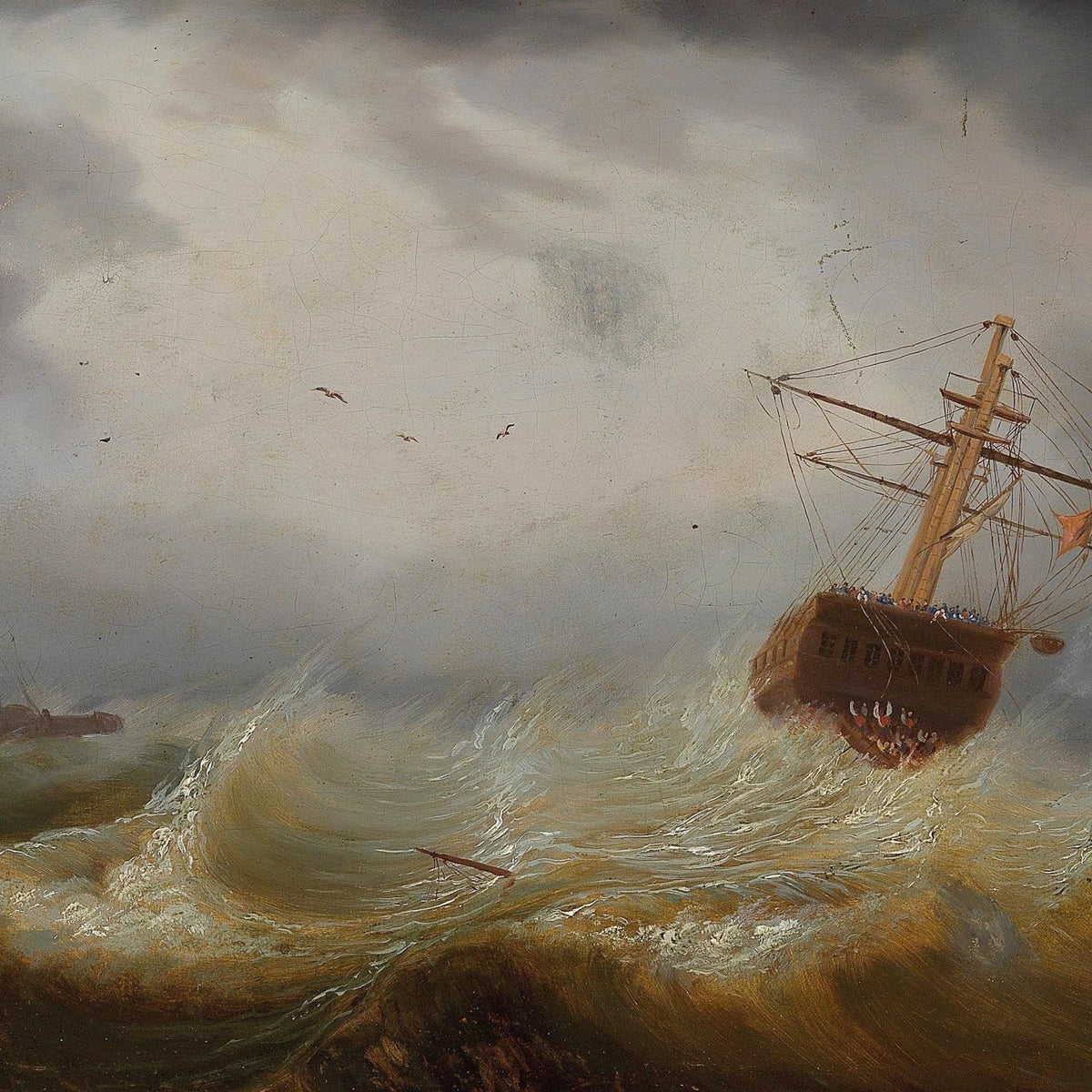 Hand-painted ship in tempest seas nautical oil painting on canvas