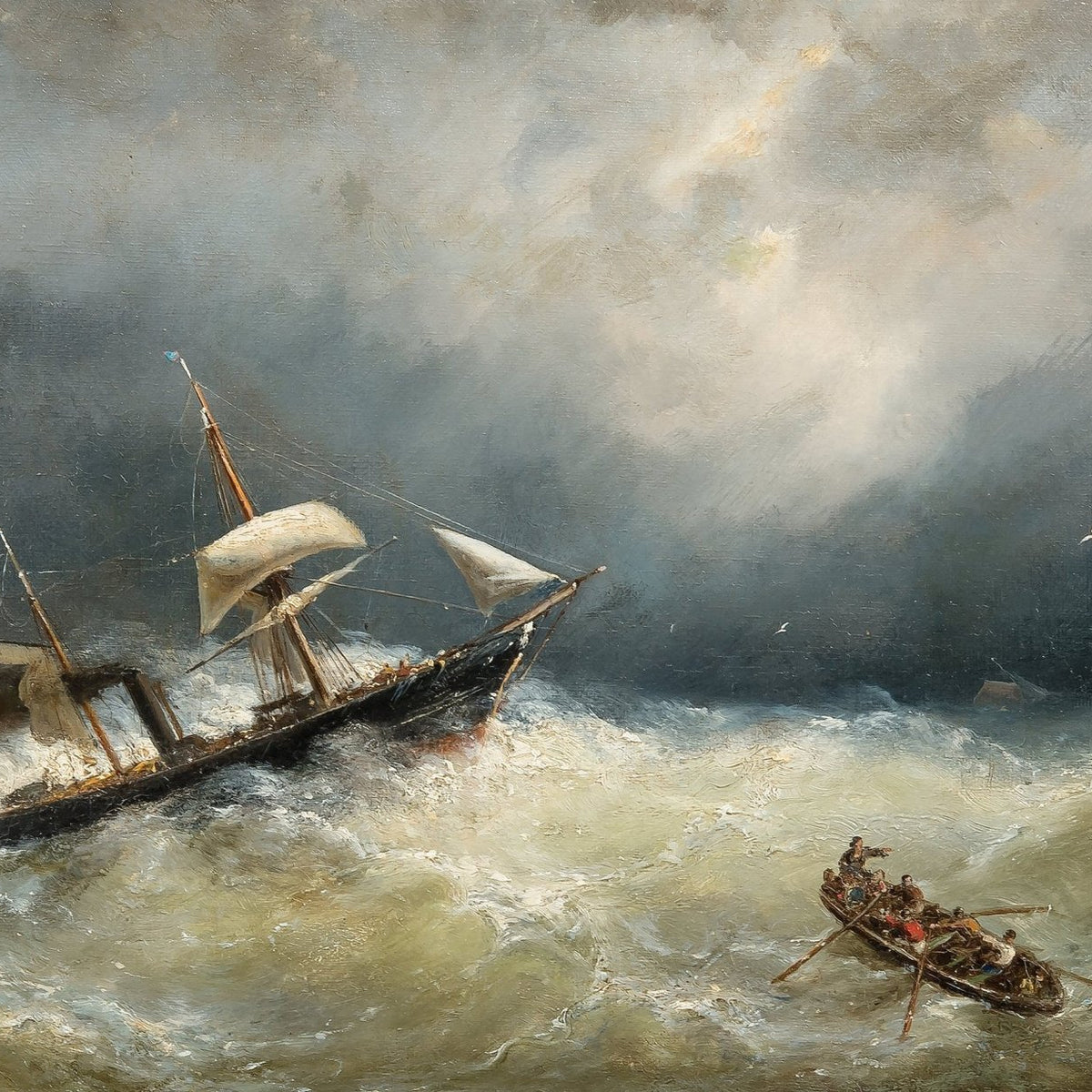 Hand-painted shipwreck in stormy seas nautical oil painting on canvas