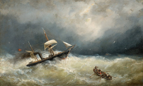 Hand-painted shipwreck in stormy seas nautical oil painting on canvas
