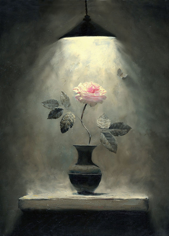 Single Rose in Vase Under Light– Floral Oil Painting - Oil Painting Haven