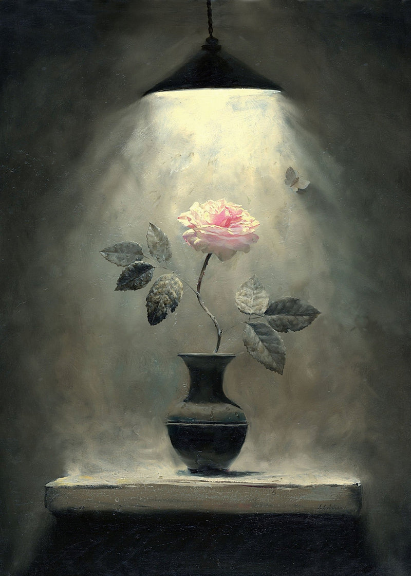 Single Rose in Vase Under Light– Floral Oil Painting - Oil Painting Haven