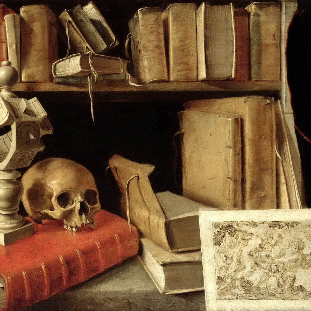 Skull, Books and Scientific Instrument - Still Life Oil Painting - Oil Painting Haven