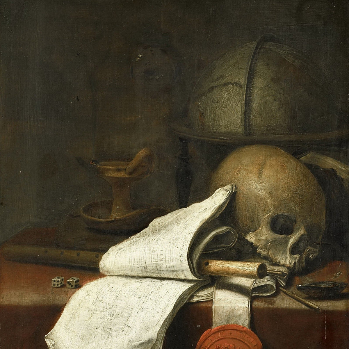 Skull, Helmet and Scroll - Still Life Oil Painting - Oil Painting Haven