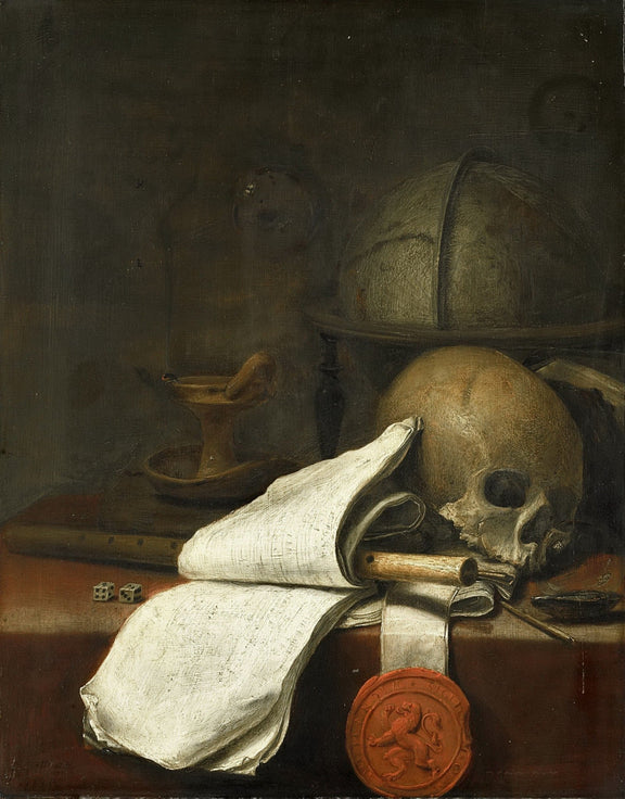 Skull, Helmet and Scroll - Still Life Oil Painting - Oil Painting Haven