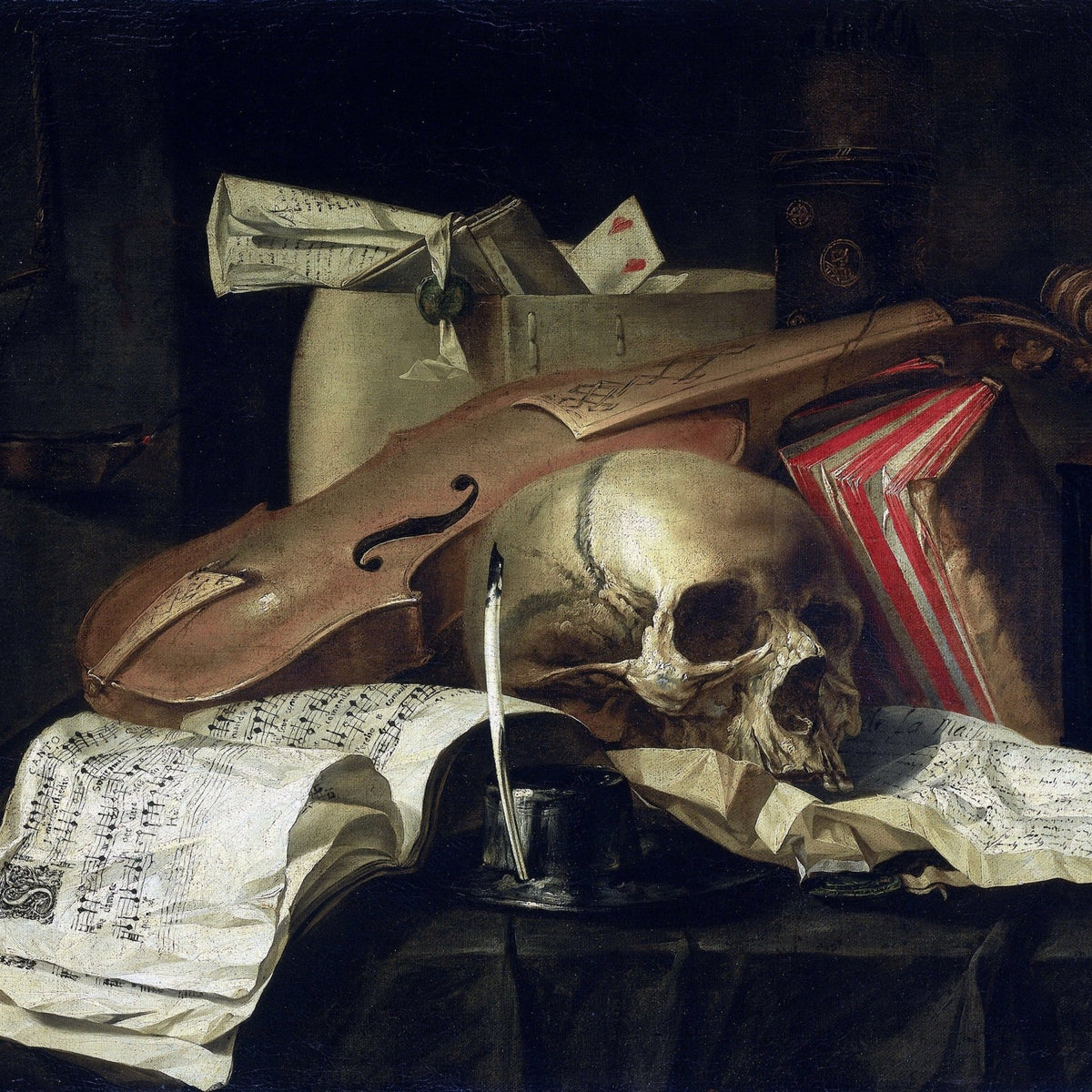 Skull, Violin and Music Sheets - Still Life Oil Painting - Oil Painting Haven