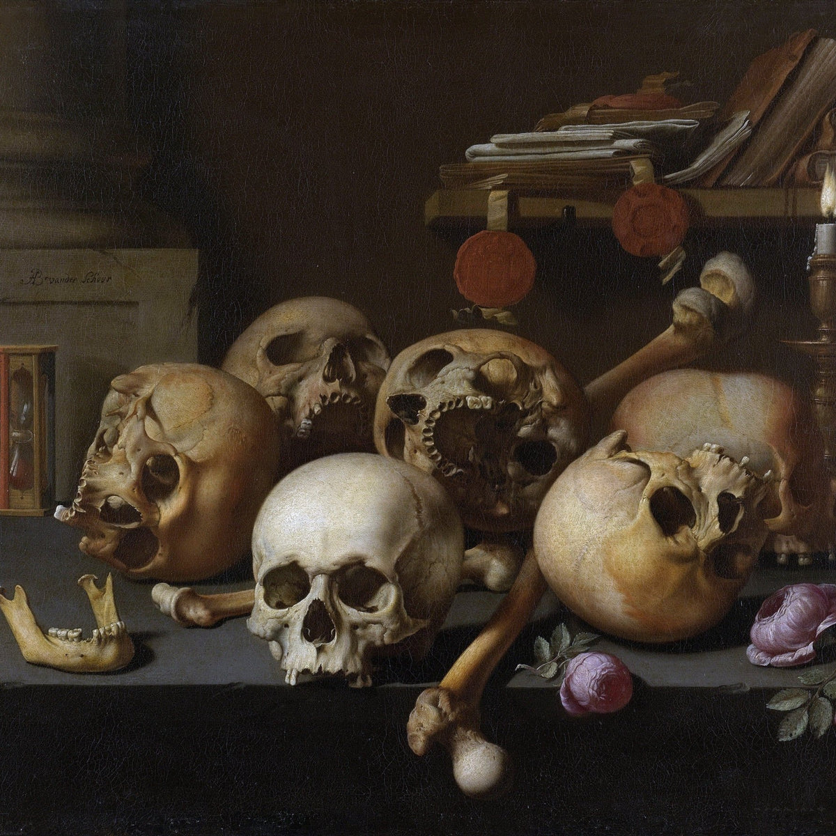Skulls, Candle and Hourglass Vanitas - Still Life Oil Painting - Oil Painting Haven