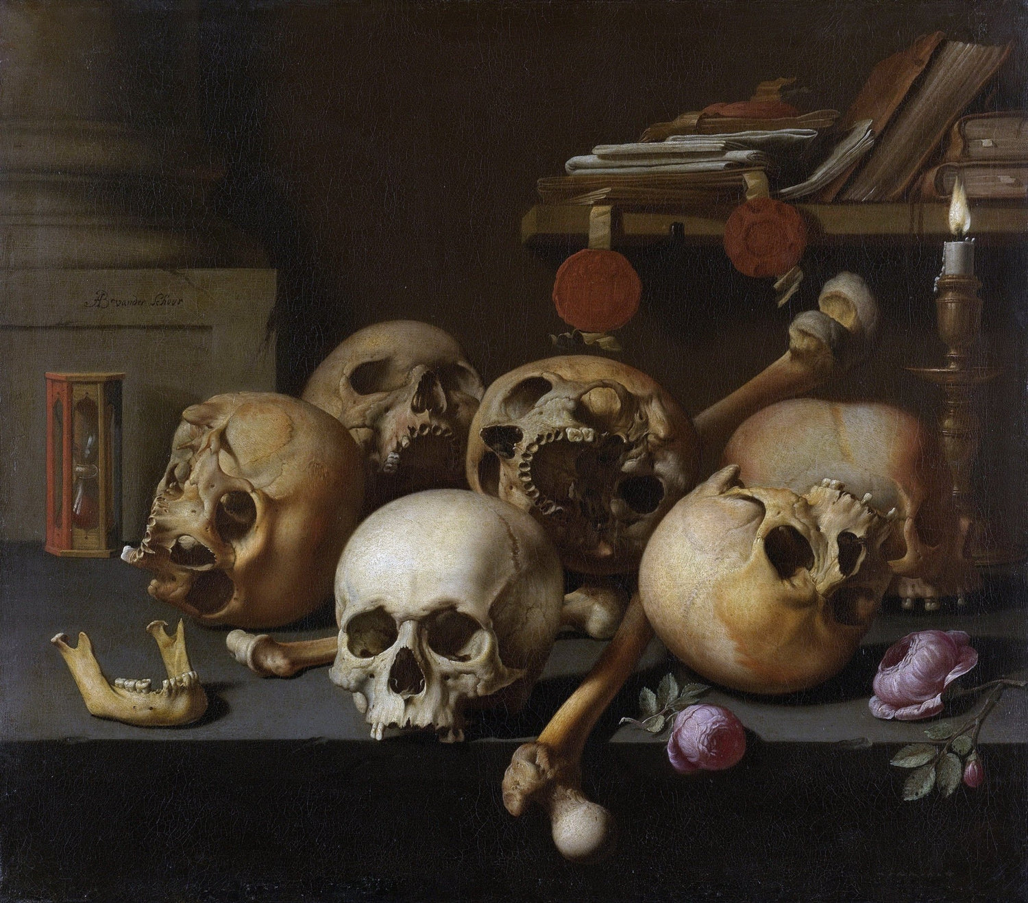 Skulls, Candle and Hourglass Vanitas - Still Life Oil Painting - Oil Painting Haven