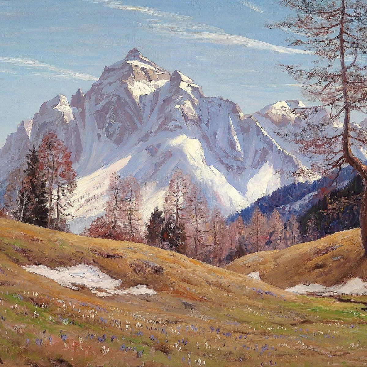 Snow - Capped Alpine Mountain, Meadow in Spring – Landscape Oil Painting - Oil Painting Haven