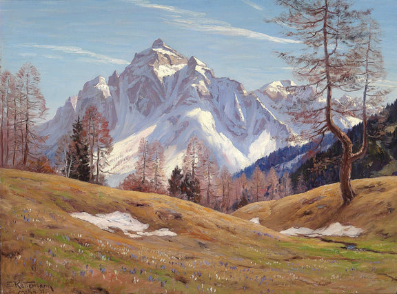 Snow - Capped Alpine Mountain, Meadow in Spring – Landscape Oil Painting - Oil Painting Haven