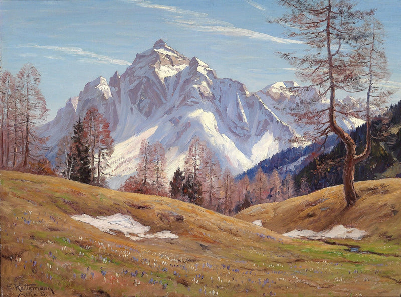 Snow - Capped Alpine Mountain, Meadow in Spring – Landscape Oil Painting - Oil Painting Haven