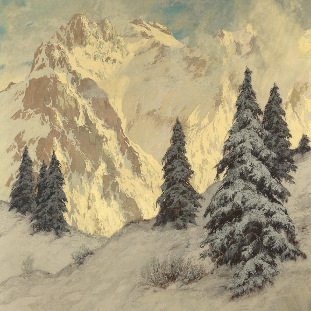 Snow - Capped Alpine Mountains, Pine Trees – Hand - Painted Oil Painting - Oil Painting Haven