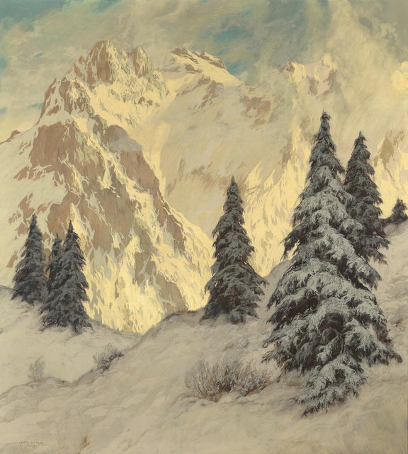 Snow - Capped Alpine Mountains, Pine Trees – Hand - Painted Oil Painting - Oil Painting Haven