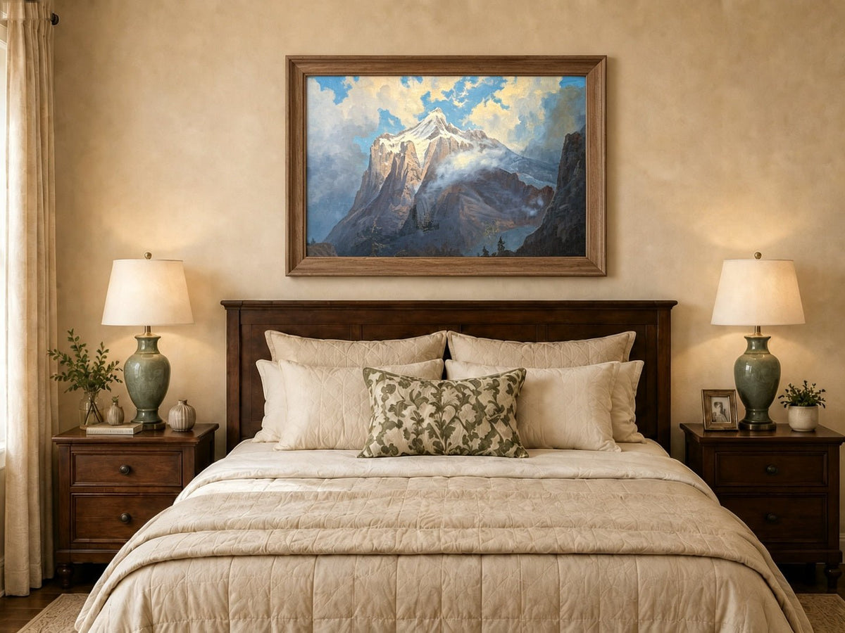 Framed hand-painted snow-capped mountain oil painting rising through luminous mist displayed above a wooden bed in a neutral bedroom.