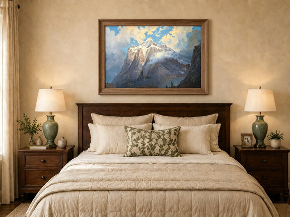 Framed hand-painted snow-capped mountain oil painting rising through luminous mist displayed above a wooden bed in a neutral bedroom.