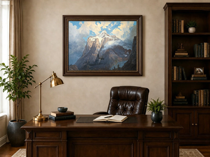 Framed hand-painted snow-capped mountain oil painting rising through luminous mist displayed above a traditional home office desk.