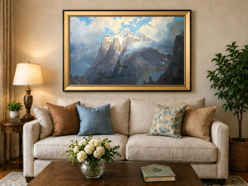 Framed hand-painted snow-capped mountain oil painting rising through luminous mist displayed above a neutral living room sofa.