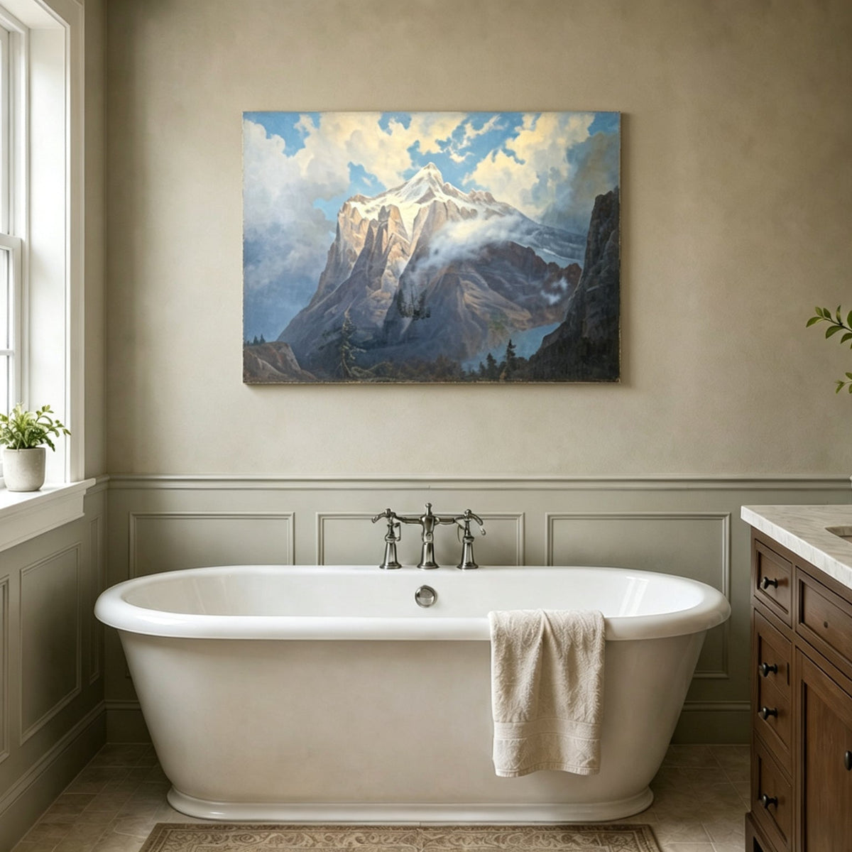 Unframed hand-painted snow-capped mountain oil painting rising through luminous mist displayed above a freestanding bathtub.