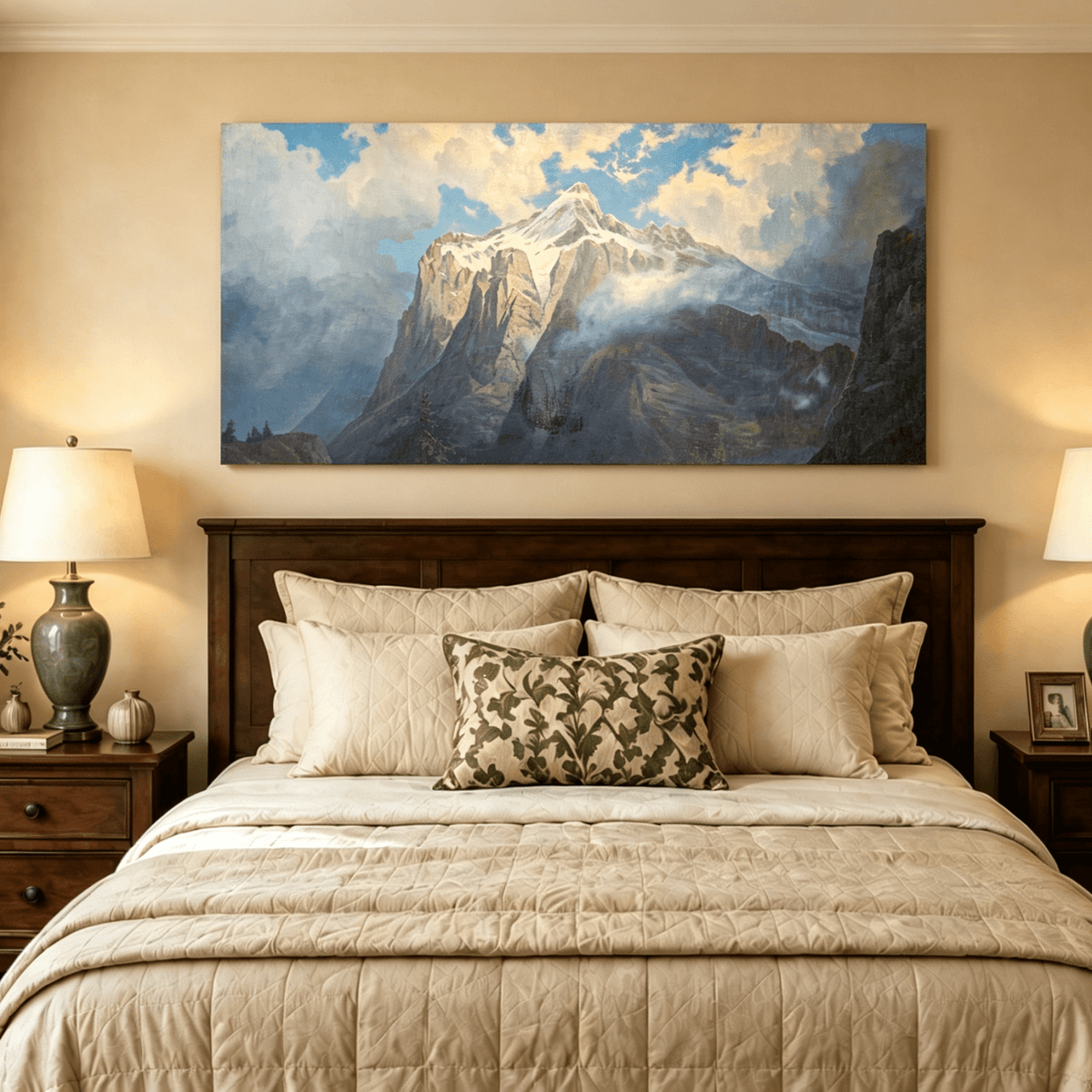Unframed hand-painted snow-capped mountain oil painting rising through luminous mist displayed above a wooden bed in a neutral bedroom.