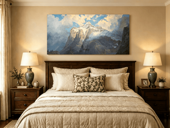 Unframed hand-painted snow-capped mountain oil painting rising through luminous mist displayed above a wooden bed in a neutral bedroom.