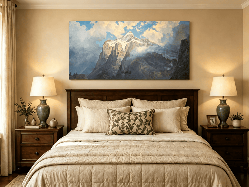 Unframed hand-painted snow-capped mountain oil painting rising through luminous mist displayed above a wooden bed in a neutral bedroom.