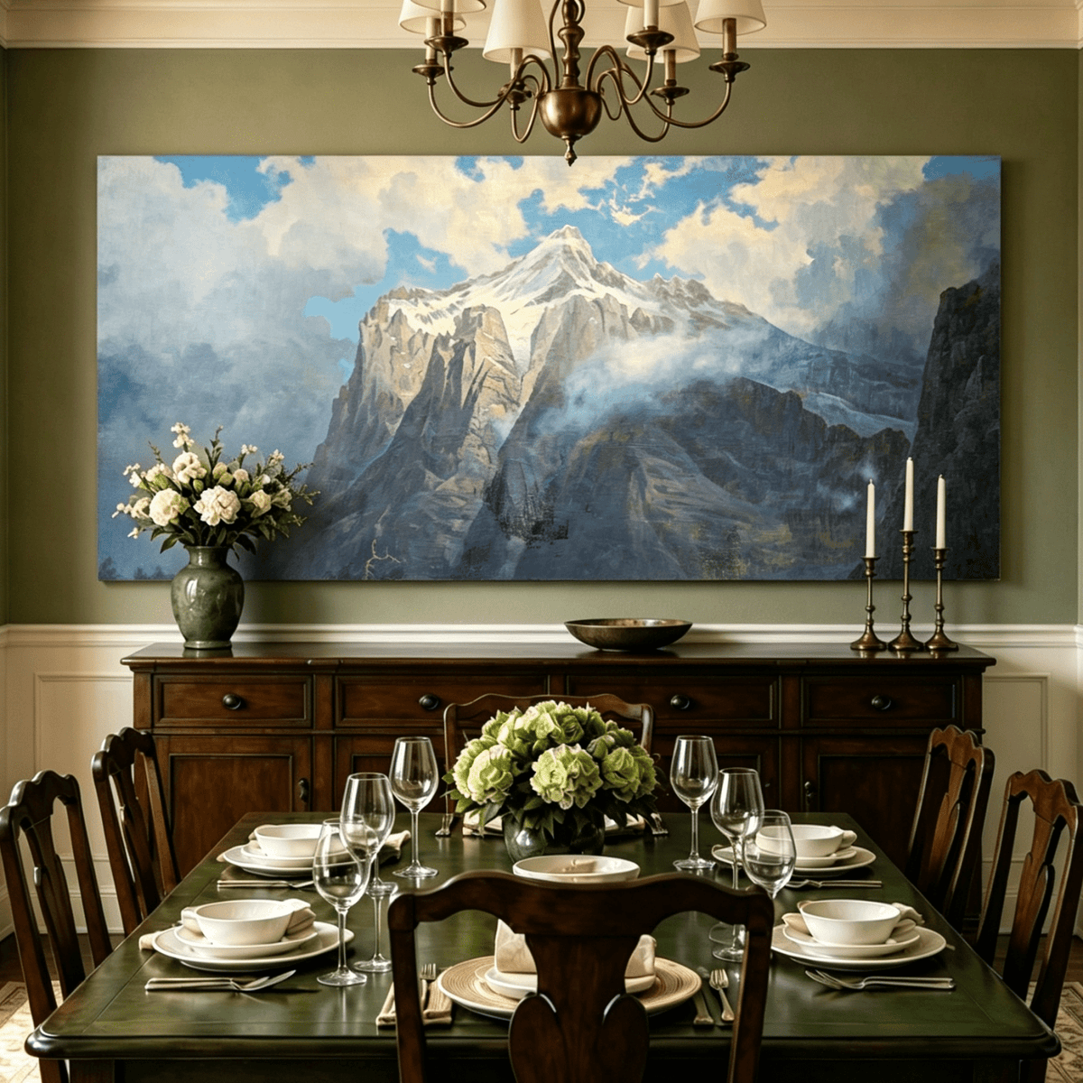 Unframed hand-painted snow-capped mountain oil painting rising through luminous mist displayed above a formal dining table.