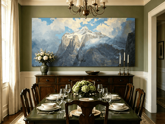 Unframed hand-painted snow-capped mountain oil painting rising through luminous mist displayed above a formal dining table.