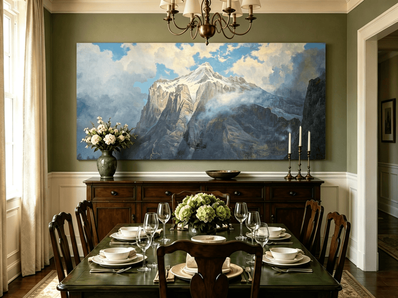 Unframed hand-painted snow-capped mountain oil painting rising through luminous mist displayed above a formal dining table.