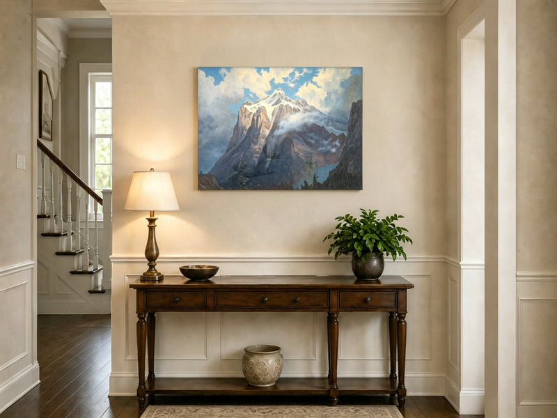 Unframed hand-painted snow-capped mountain oil painting rising through luminous mist displayed above an entryway console table.