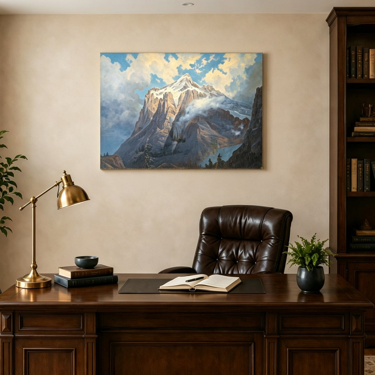 Unframed hand-painted snow-capped mountain oil painting rising through luminous mist displayed above a traditional home office desk.