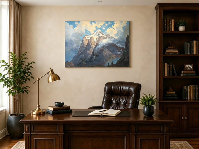 Unframed hand-painted snow-capped mountain oil painting rising through luminous mist displayed above a traditional home office desk.