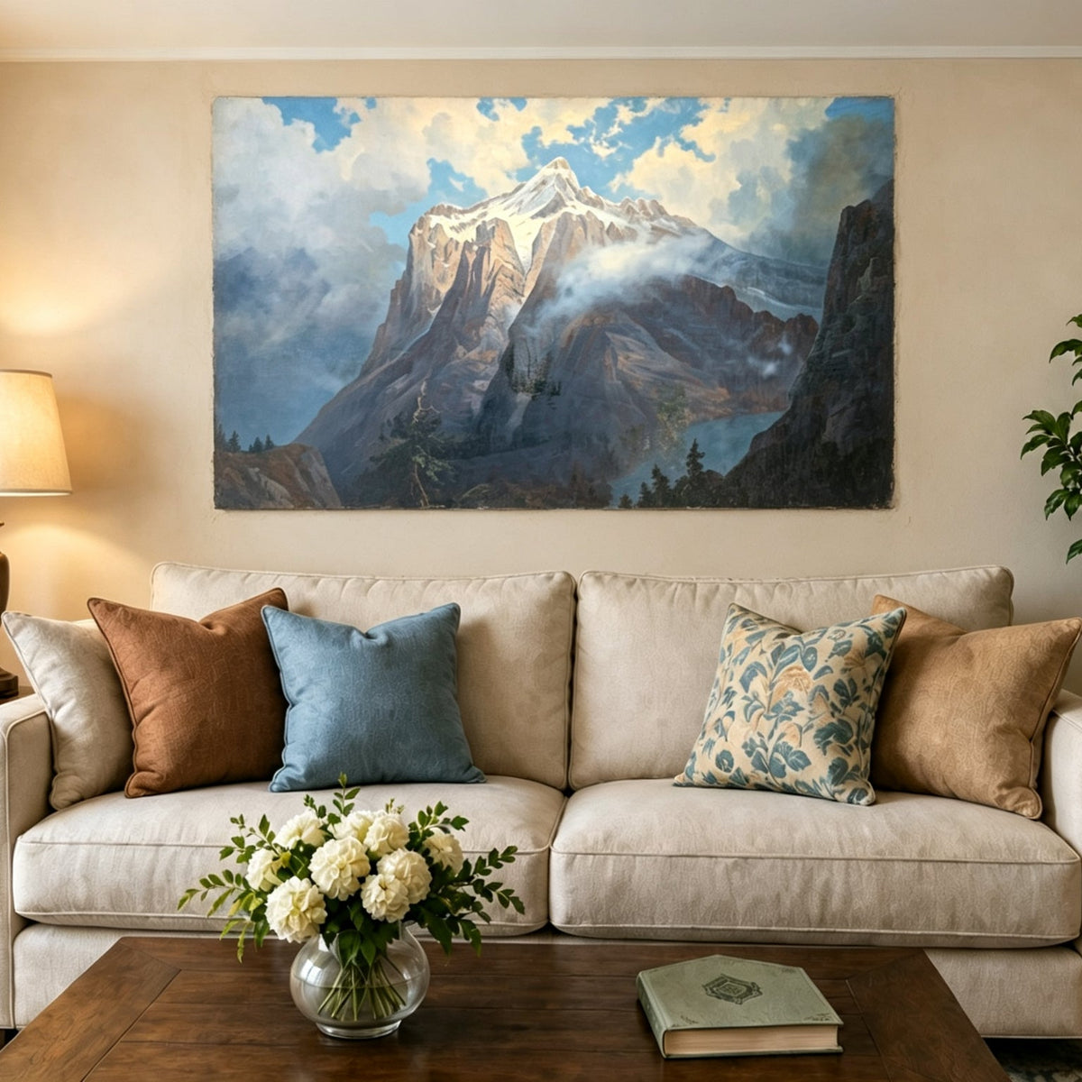 Unframed hand-painted snow-capped mountain oil painting rising through luminous mist displayed above a neutral living room sofa.