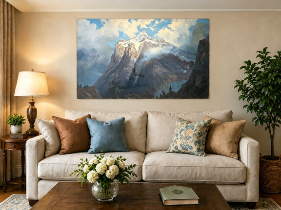 Unframed hand-painted snow-capped mountain oil painting rising through luminous mist displayed above a neutral living room sofa.