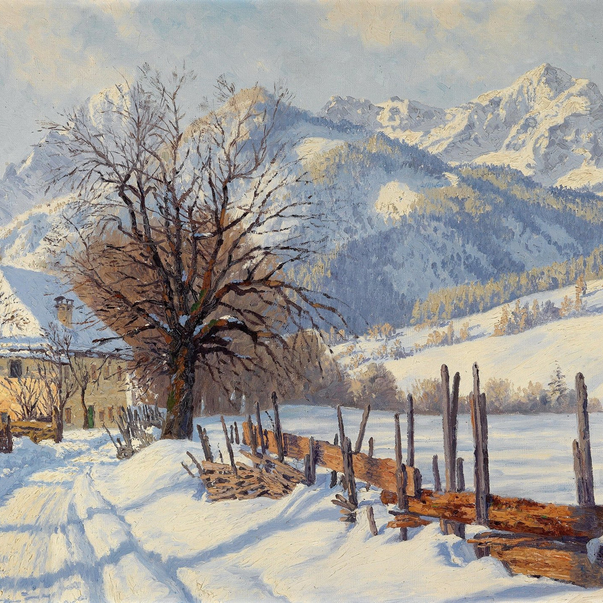 Snowy Alpine Farmhouse and Mountain View – Landscape Oil Painting - Oil Painting Haven