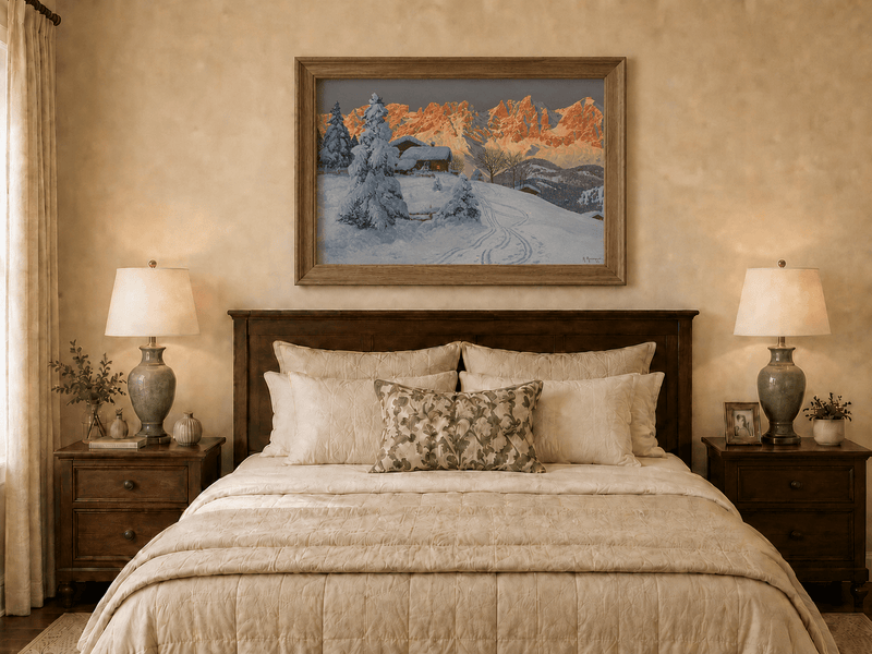 Framed hand-painted winter alpine oil painting with a snowy cabin and mountains at sunset displayed above a wooden bed in a neutral bedroom.