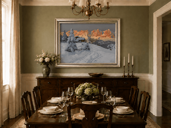 Framed hand-painted winter alpine oil painting with a snowy cabin and mountains at sunset displayed above a formal dining table.