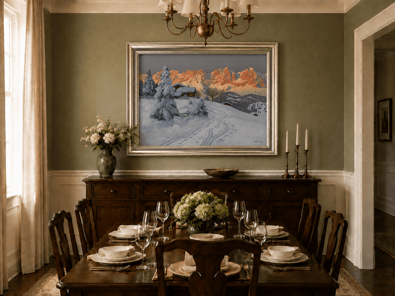 Framed hand-painted winter alpine oil painting with a snowy cabin and mountains at sunset displayed above a formal dining table.